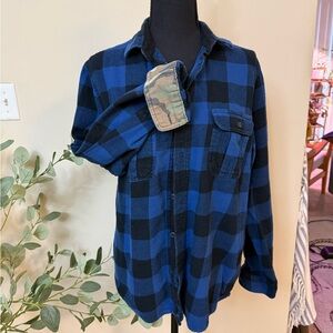 COTTON ON Blue and Black Plaid Flannel Shirt Camouflage sleeves Small